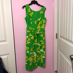 70's Vintage Malia Honolulu Green White Yellow Lily Hawaiian Sundress Midi Dress
